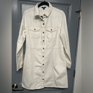 FRYE CREAM DENIM FITTED COTTON MINI DRESS. Copper metal buttons size large